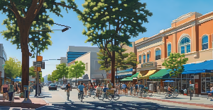 A vibrant street in Redwood City with tech offices and local shops, populated by diverse pedestrians and surrounded by greenery.