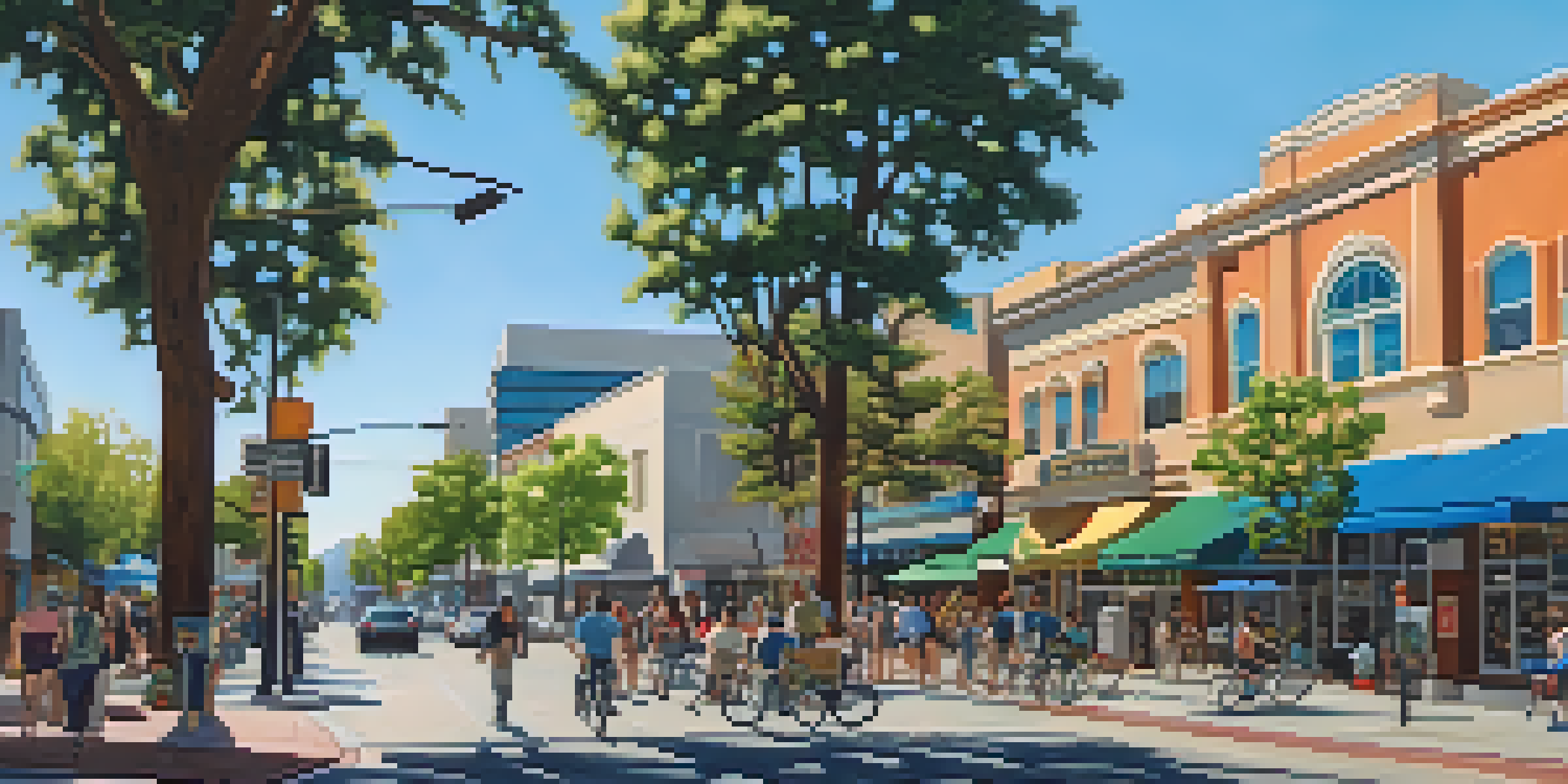 A vibrant street in Redwood City with tech offices and local shops, populated by diverse pedestrians and surrounded by greenery.