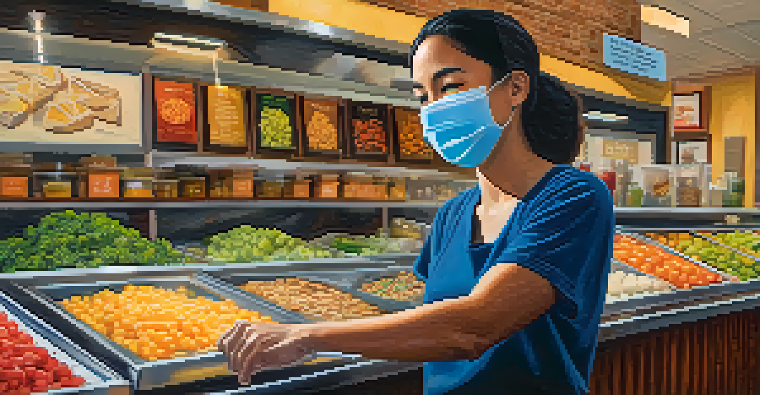 A close-up of a masked local business owner preparing a takeout order with fresh ingredients, showcasing a warm and welcoming atmosphere.