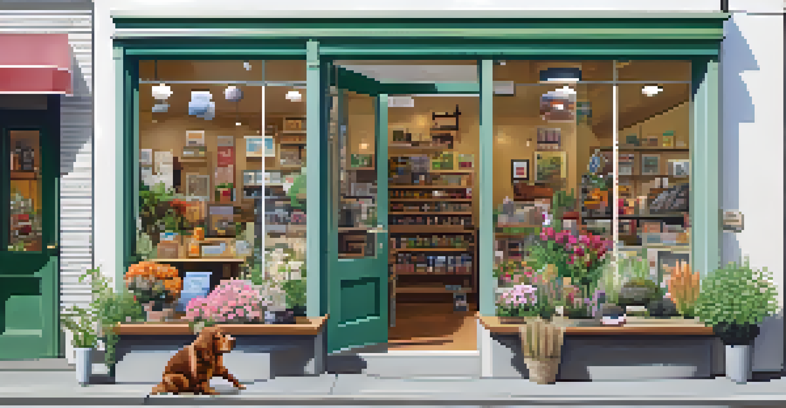 A charming local pet shop with handmade products displayed in the window, surrounded by flowers and a couple walking their dog.
