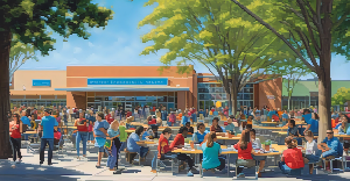 A lively community center with diverse individuals participating in reading and volunteering activities, set against a backdrop of trees and a clear sky.