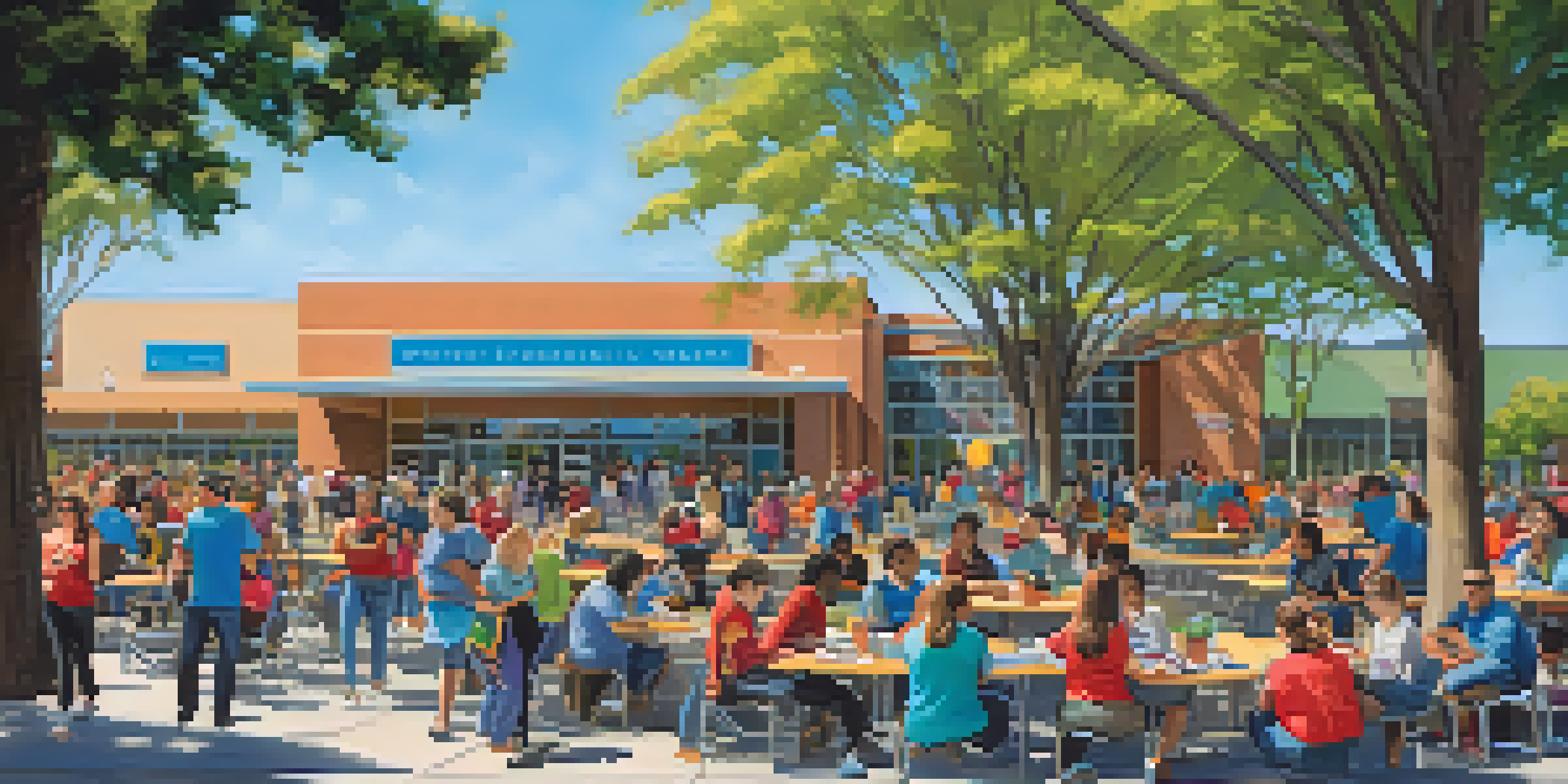 A lively community center with diverse individuals participating in reading and volunteering activities, set against a backdrop of trees and a clear sky.