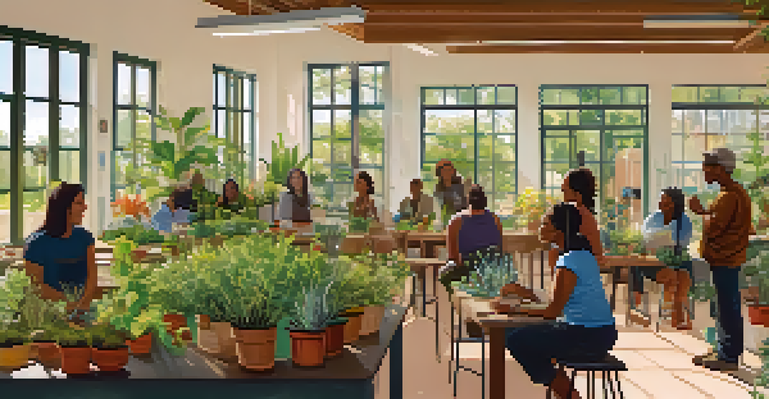 Residents attending a workshop on gardening with native plants at a community center, with pots of plants and sunlight streaming in.