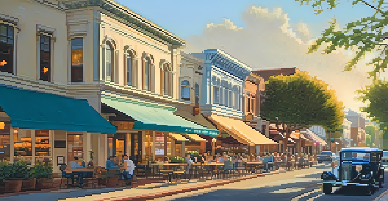 The lively streets of Redwood City's Historic Downtown District with preserved buildings, cafes, and shops, filled with people and bathed in golden hour light.