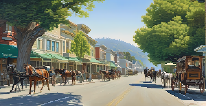 A historical view of Redwood City with wooden buildings and horse-drawn carriages surrounded by redwood trees and hills under a blue sky.
