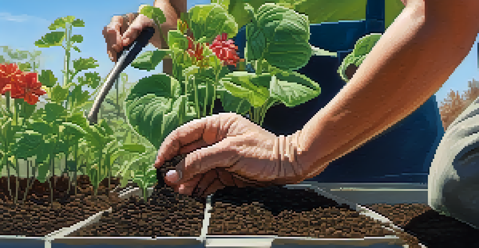 Close-up of a gardener's hands planting green seedlings in rich soil in a container garden.
