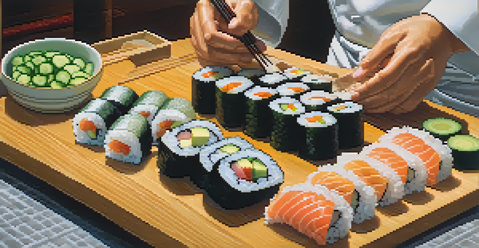 Close-up of a chef's hands preparing sushi with colorful ingredients, set in a traditional Japanese cooking environment.
