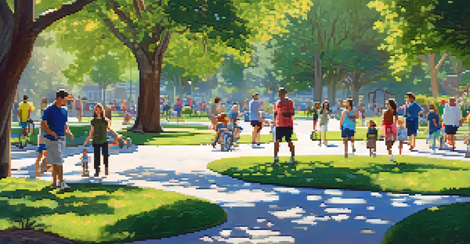 A lively urban park filled with families, joggers, and friends enjoying a sunny day in Redwood City.