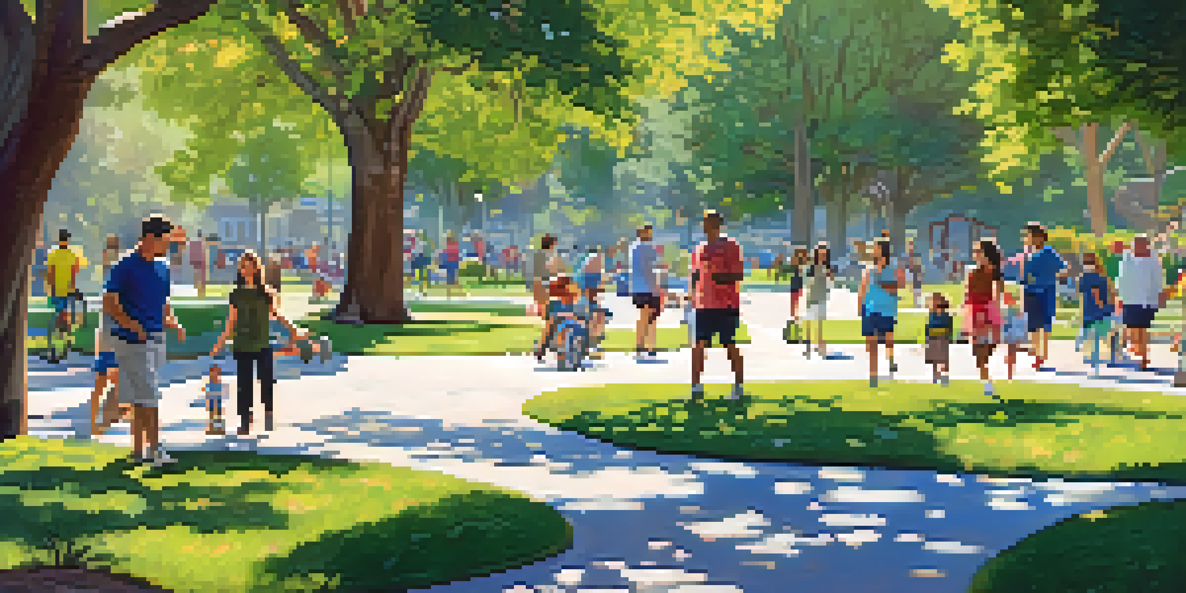 A lively urban park filled with families, joggers, and friends enjoying a sunny day in Redwood City.