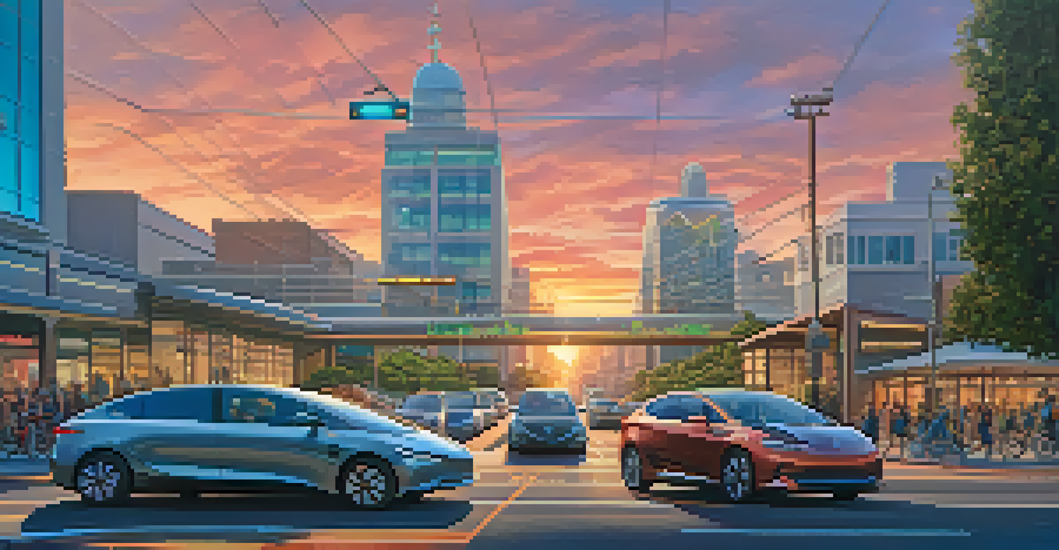A futuristic view of Redwood City's transport system with autonomous electric vehicles and smart traffic signals during sunset.