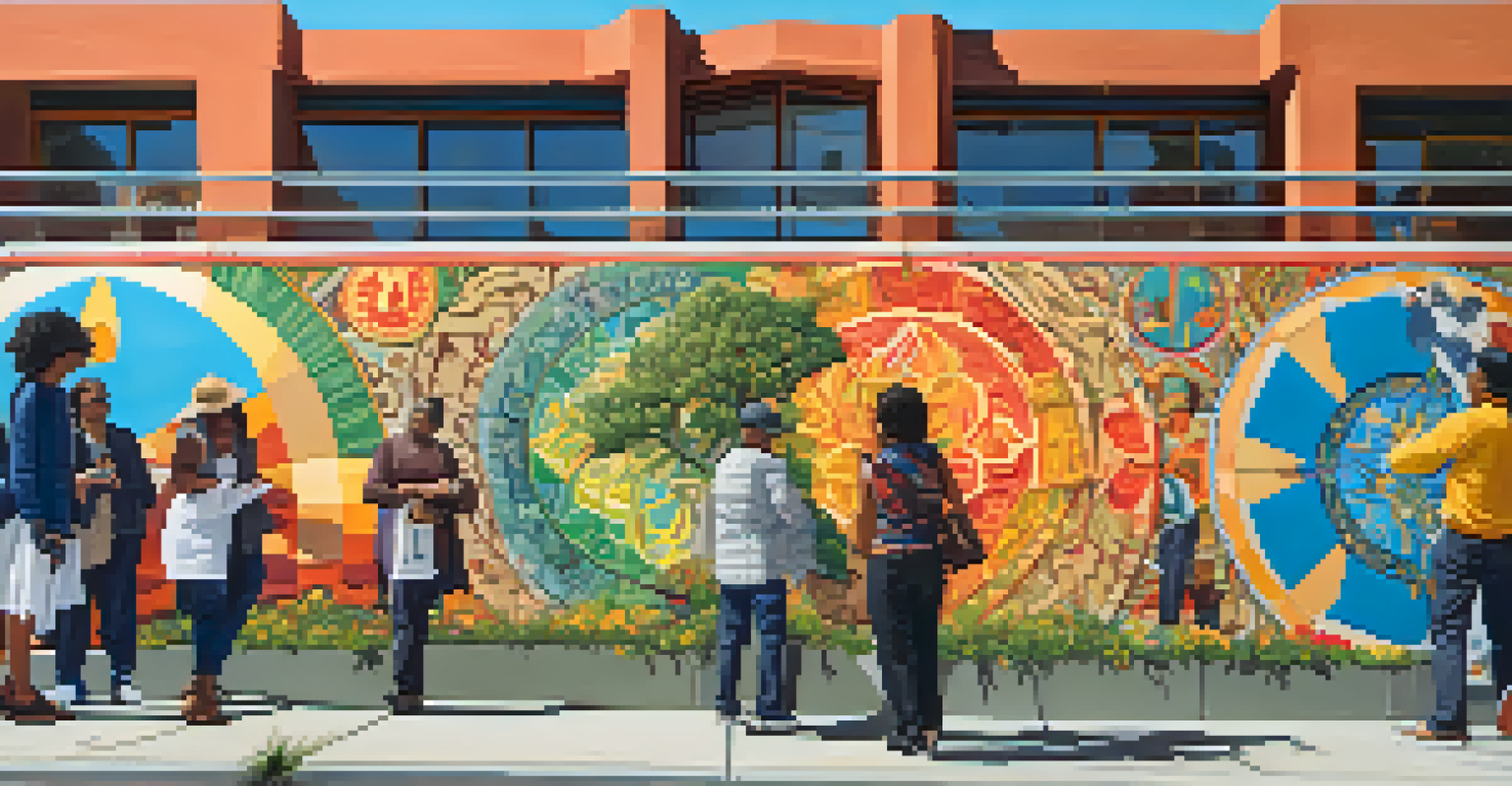 A colorful mural on a building in Redwood City, representing cultural diversity, with people admiring it in the foreground.