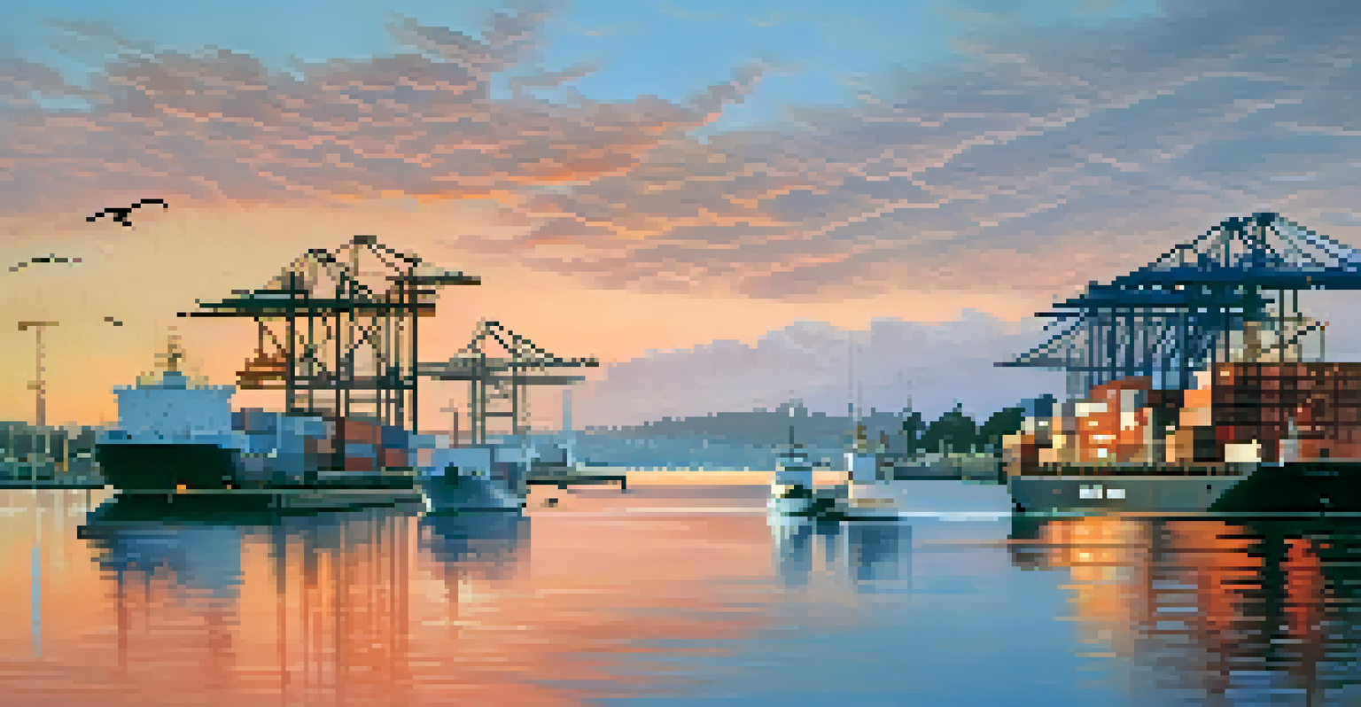 A view of the Port of Redwood City with a historical ship and a modern vessel against a sunset backdrop, reflecting in calm waters.