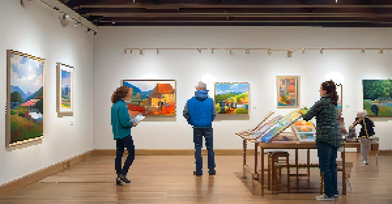 Volunteers in a cozy art gallery arranging artworks for an exhibition, with colorful pieces on the walls and soft lighting enhancing the creative atmosphere.