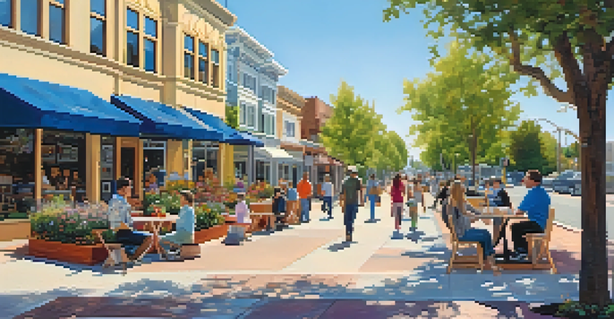 A bustling pedestrian street in Redwood City with wide sidewalks, greenery, and people enjoying the outdoors.