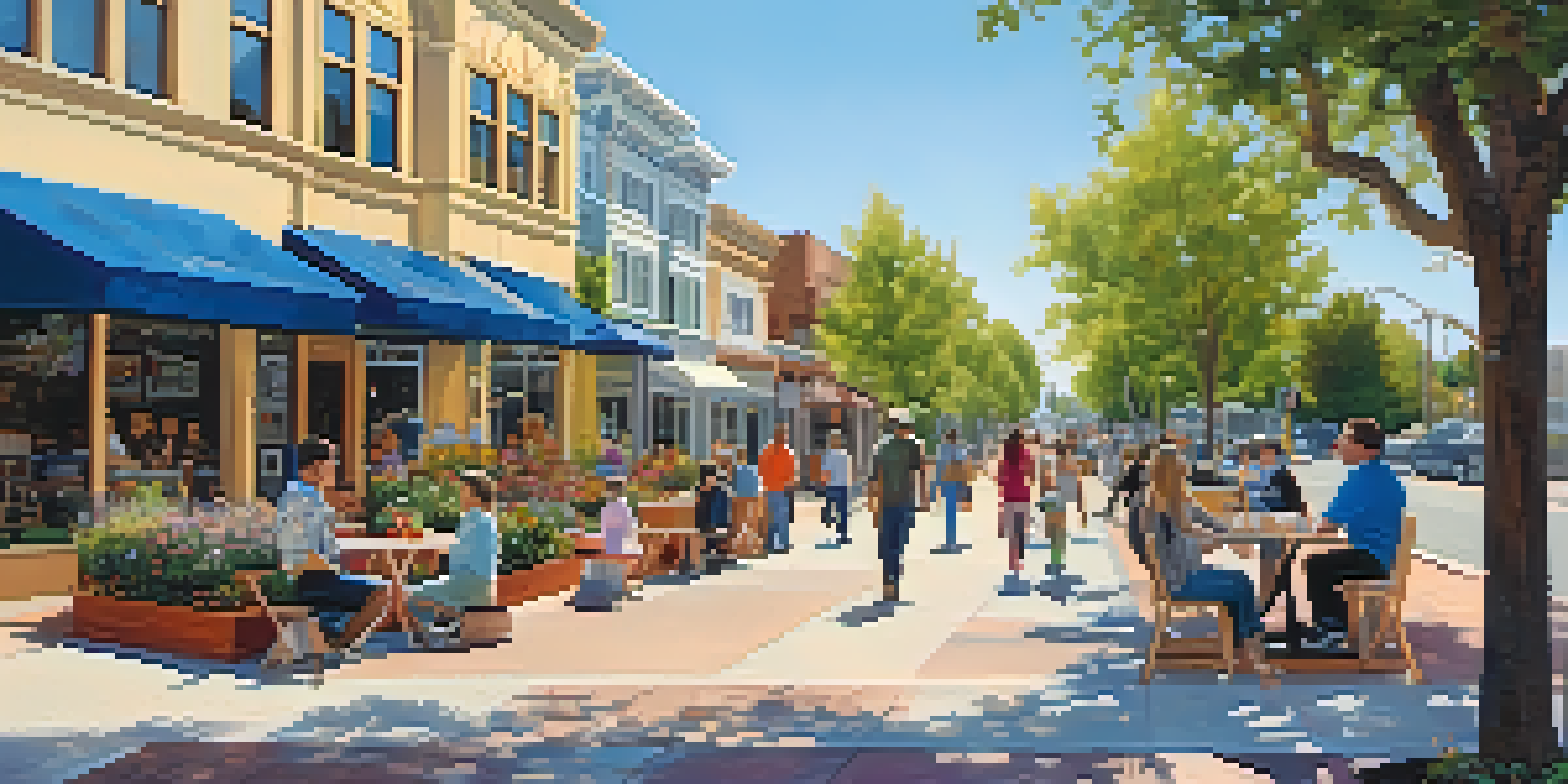 A bustling pedestrian street in Redwood City with wide sidewalks, greenery, and people enjoying the outdoors.