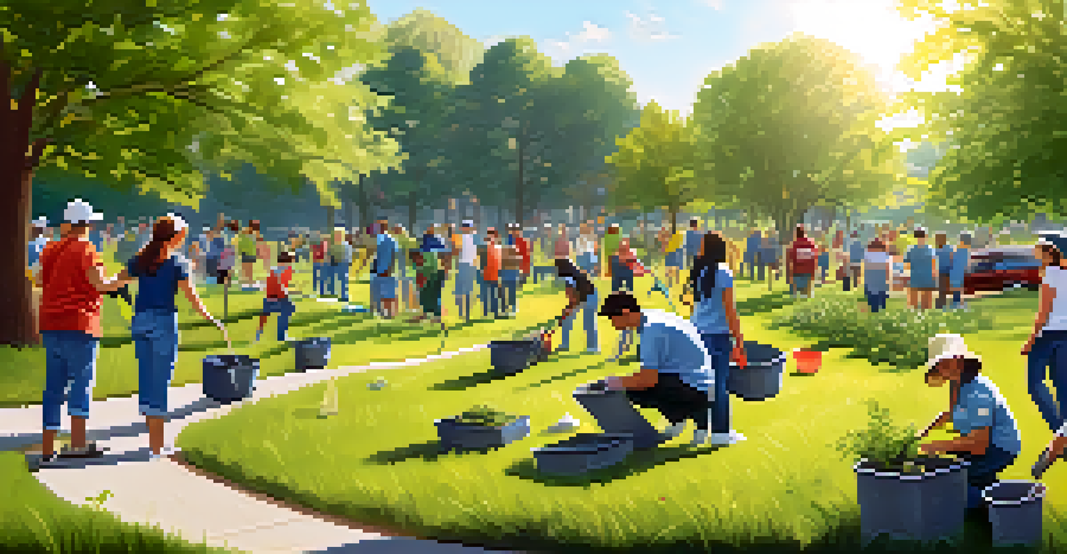 Volunteers of different ages participating in a community clean-up event in a green park.