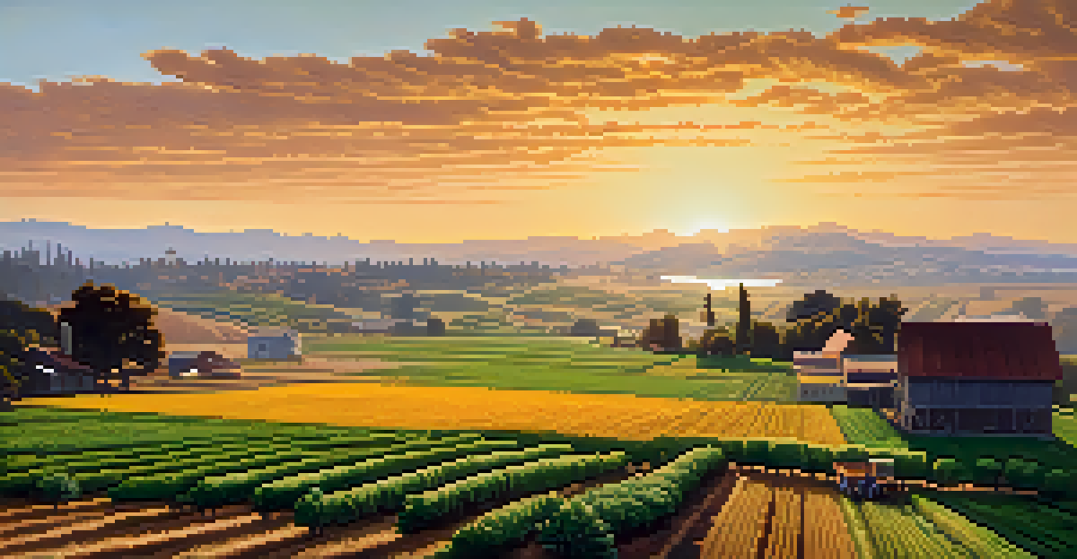 Farmers harvesting crops in a lush field with Redwood City's skyline at sunset, symbolizing agricultural growth.