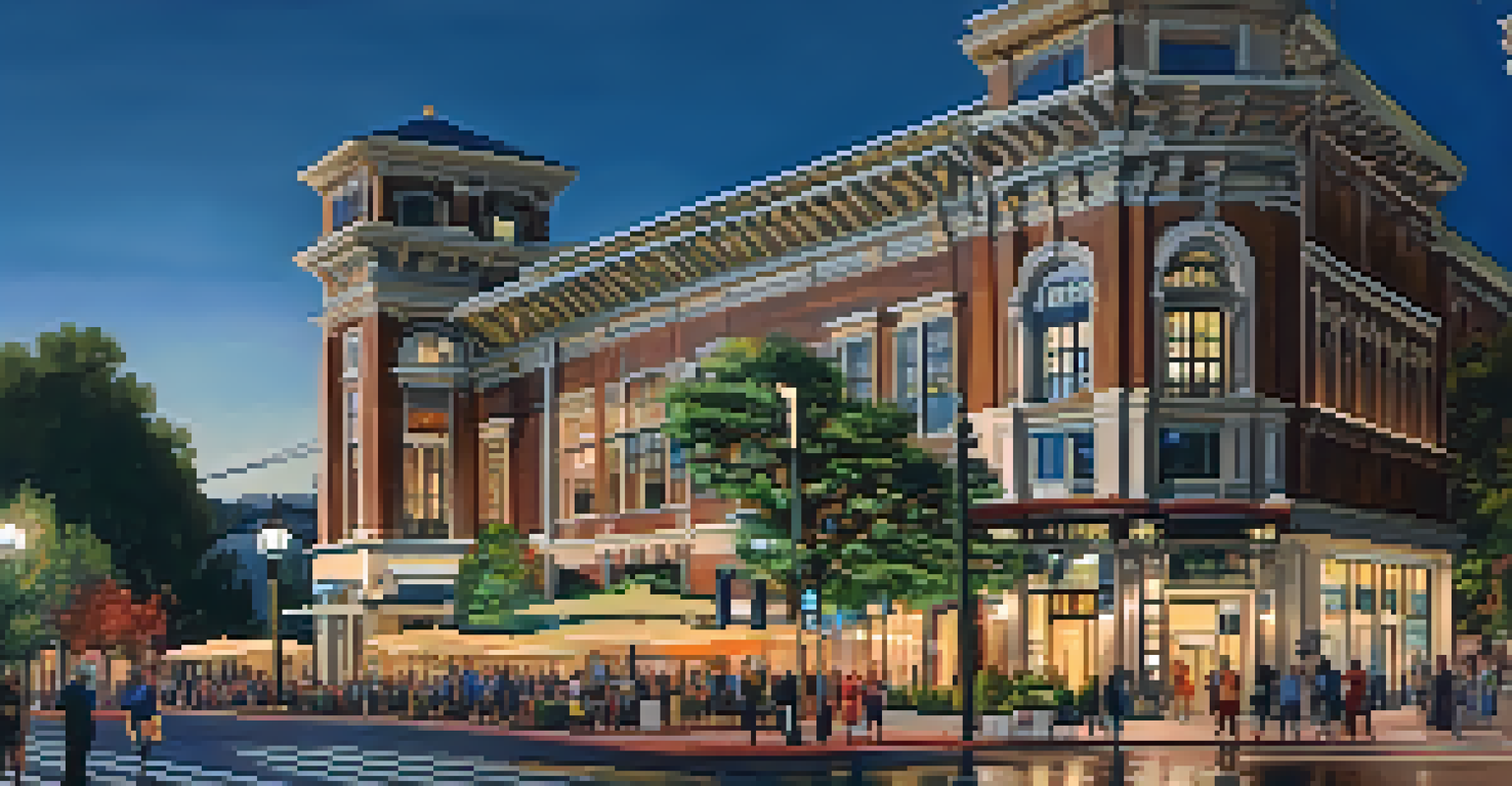 A restored historical building set among modern developments, with people enjoying cultural events in a green plaza.