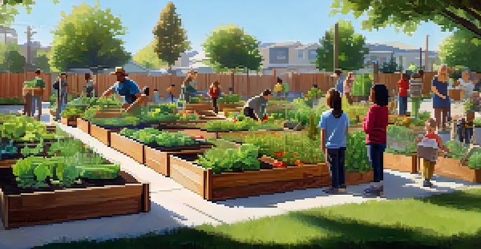 A diverse group of people gardening in a bright community garden filled with colorful vegetables and herbs under sunlight.