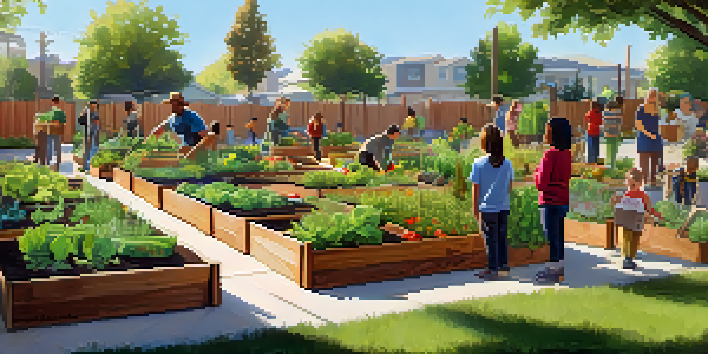 A diverse group of people gardening in a bright community garden filled with colorful vegetables and herbs under sunlight.
