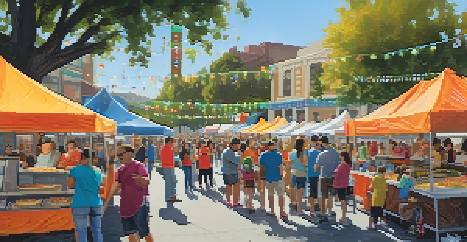 A vibrant food festival in Redwood City with food trucks, happy people, and colorful decorations.