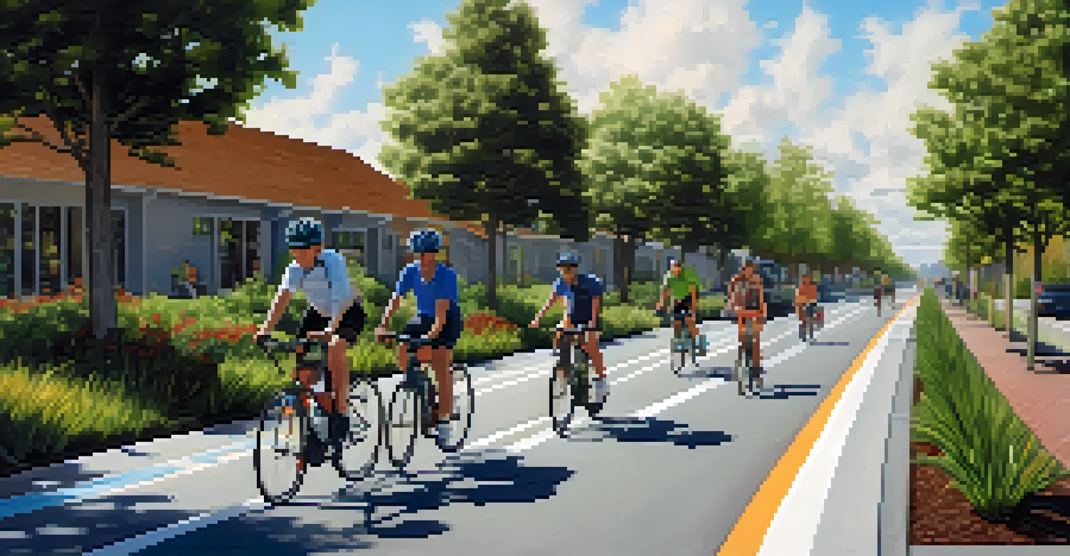 Cyclists riding on a bike lane surrounded by trees, with solar panels on rooftops in the background, illustrating sustainable urban transportation.