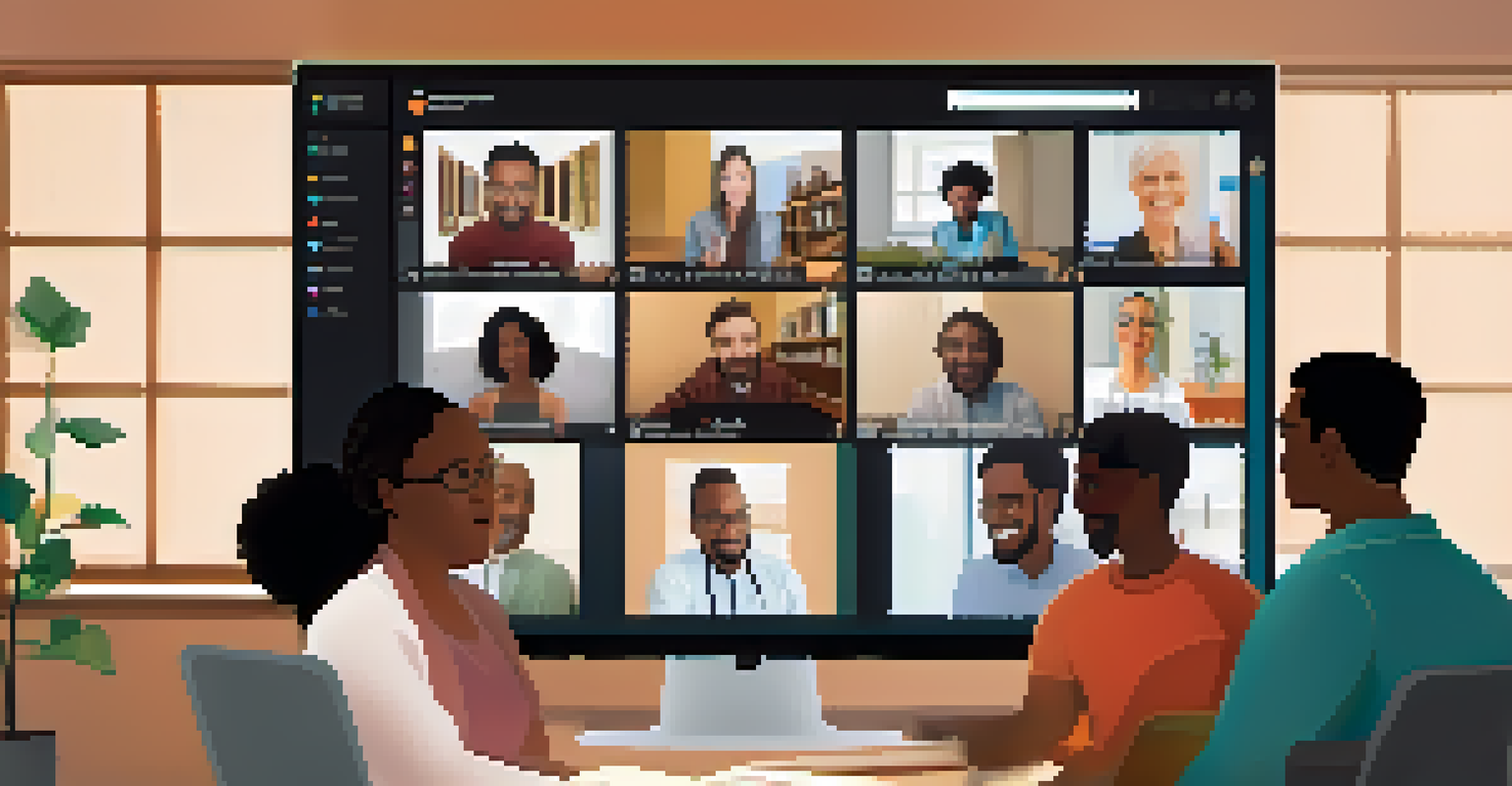 A virtual town hall meeting on a computer screen featuring diverse residents discussing health policies in a cozy home setting.
