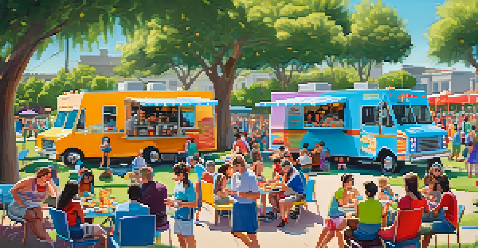 A busy food truck festival in Redwood City, showcasing families enjoying meals on picnic blankets with colorful food trucks in a sunny park.