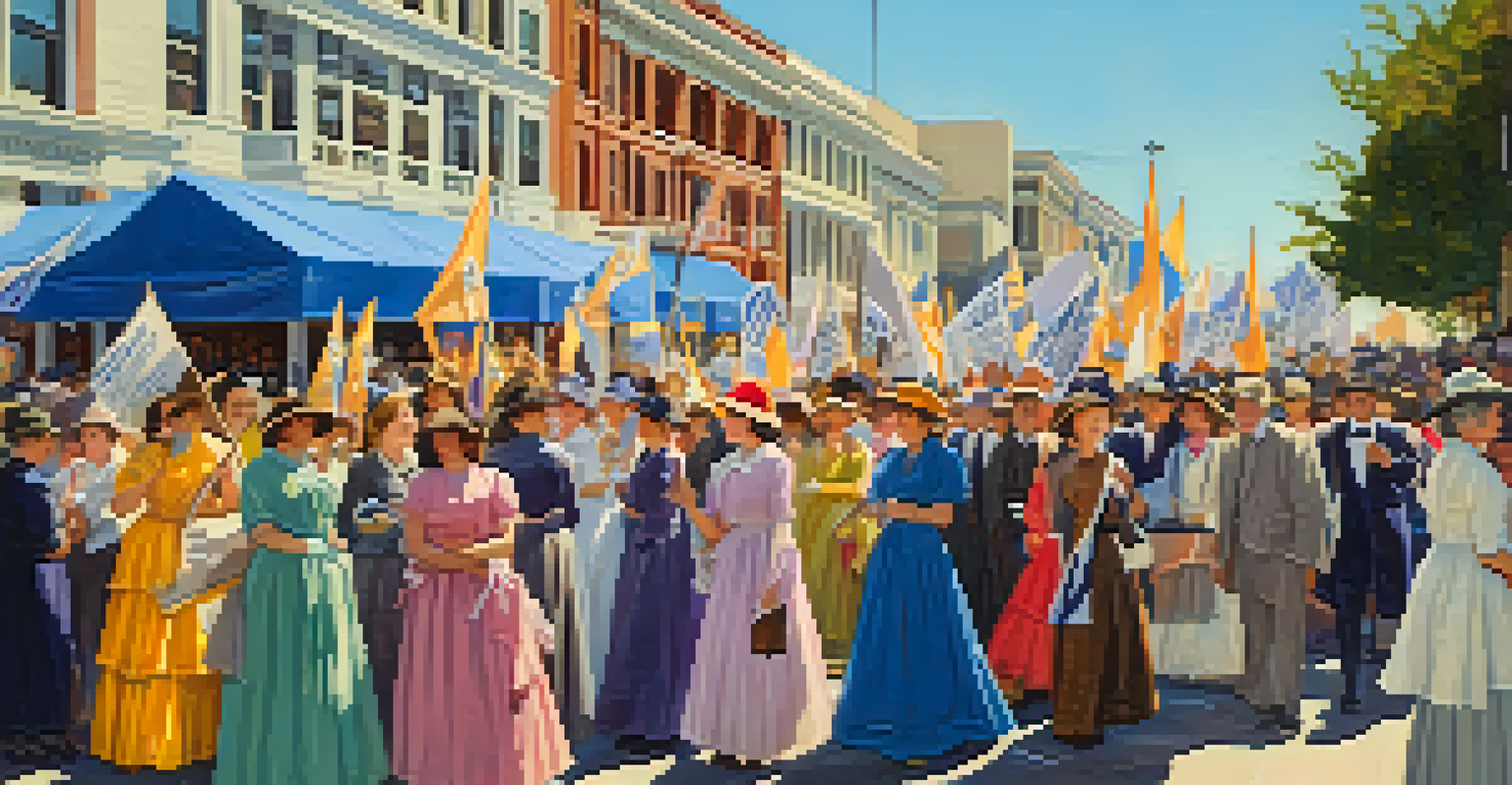 Women activists at a community event in Redwood City, holding suffrage banners and surrounded by a supportive crowd.