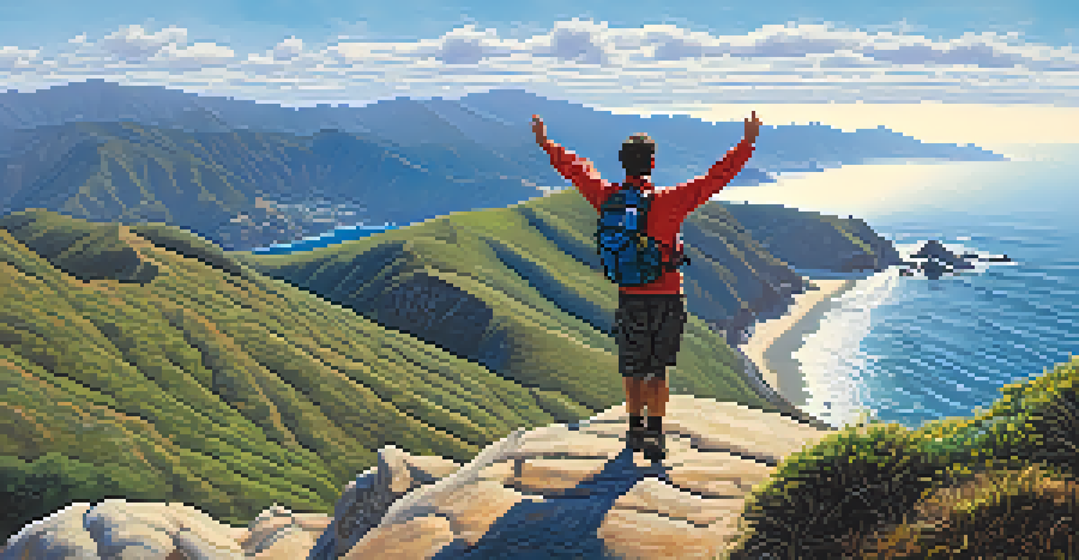 A hiker celebrating at the peak of Montara Mountain with a stunning view of the coastline and a bright blue sky.