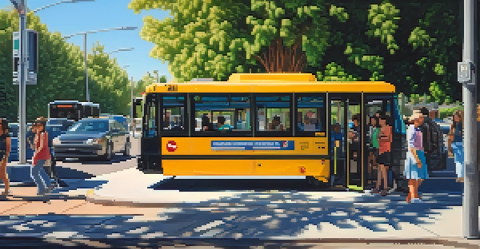 A public transportation bus stop in Redwood City with diverse passengers and greenery in the background.