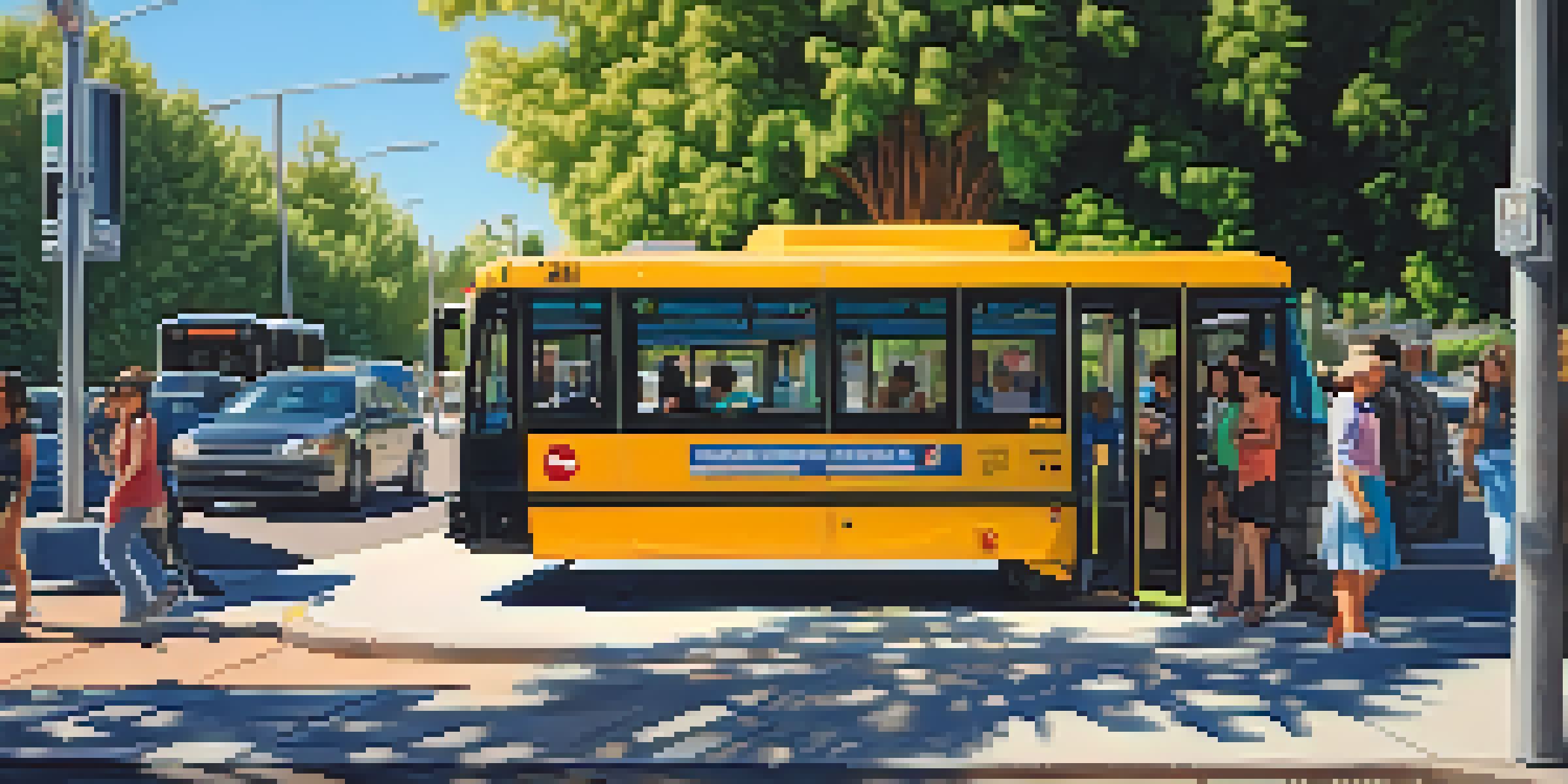 A public transportation bus stop in Redwood City with diverse passengers and greenery in the background.