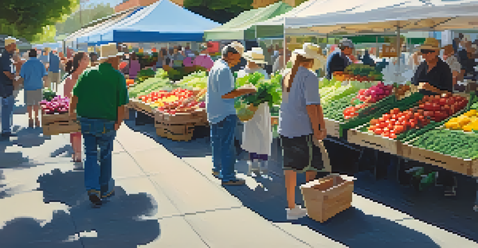 A lively spring farmers' market with fresh greens and colorful flower bouquets, bustling with vendors and shoppers under soft morning light.