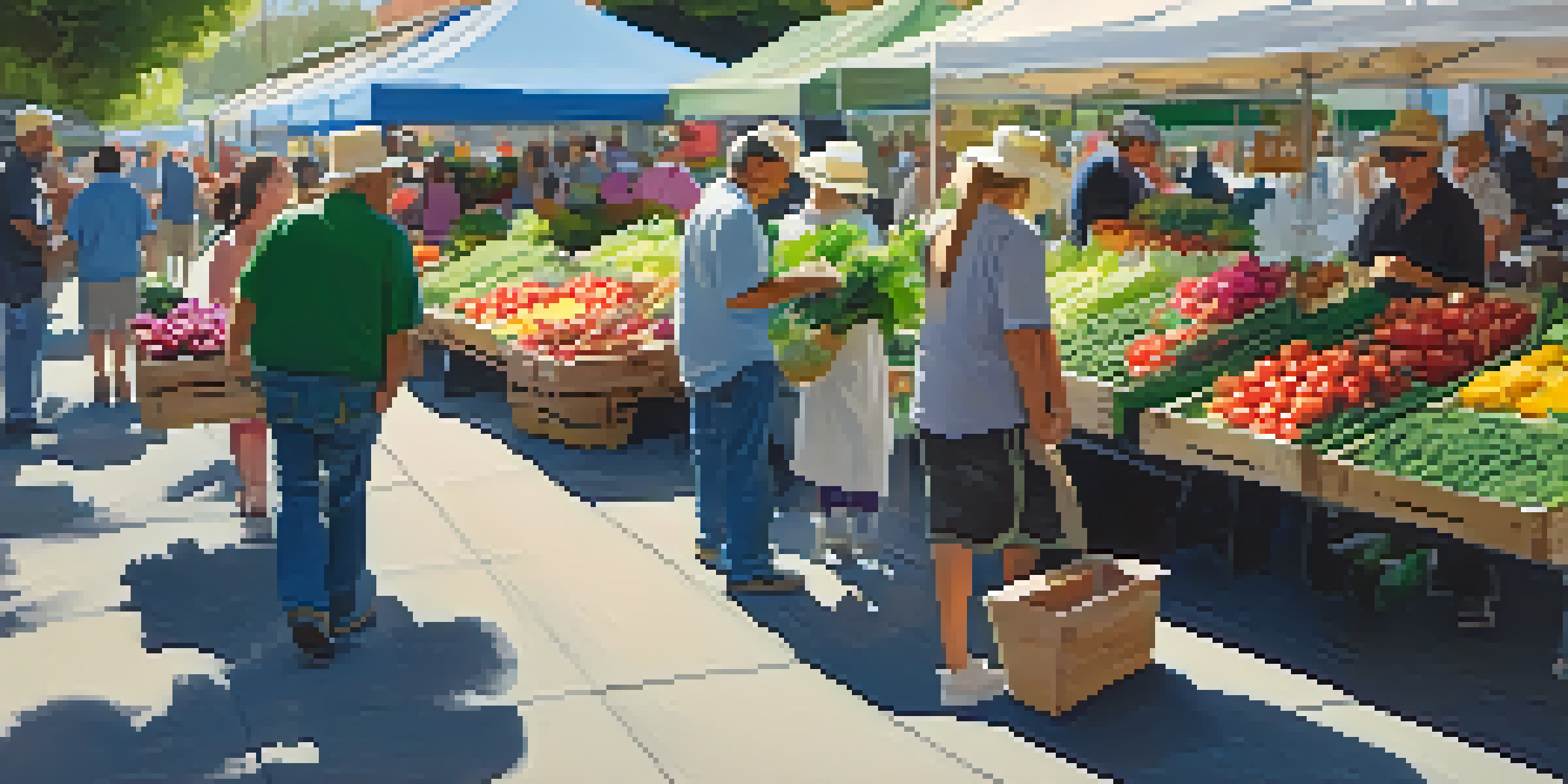 A lively spring farmers' market with fresh greens and colorful flower bouquets, bustling with vendors and shoppers under soft morning light.