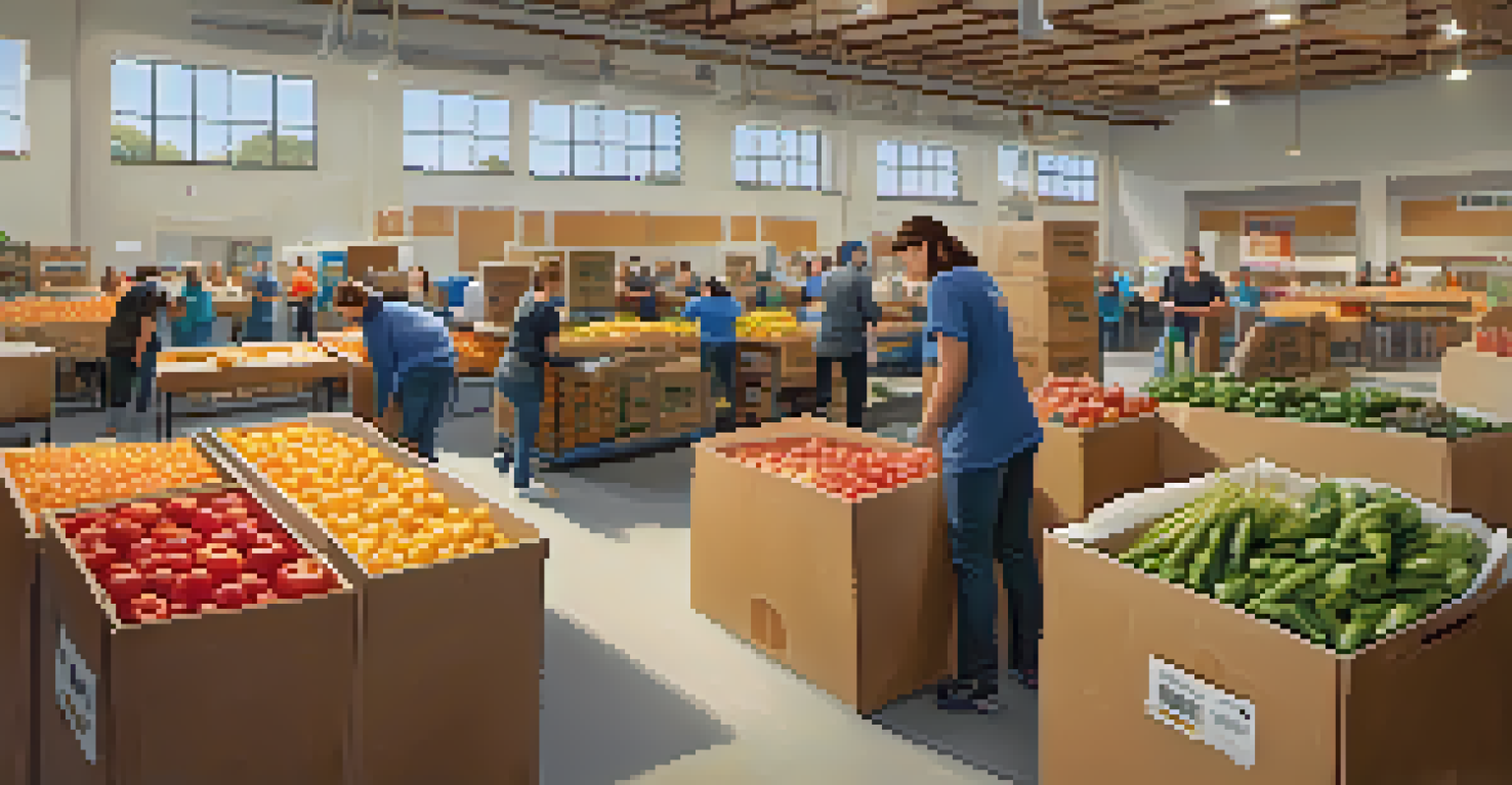 Volunteers sorting and packing food items in a local food bank, surrounded by boxes of fresh produce and canned goods.