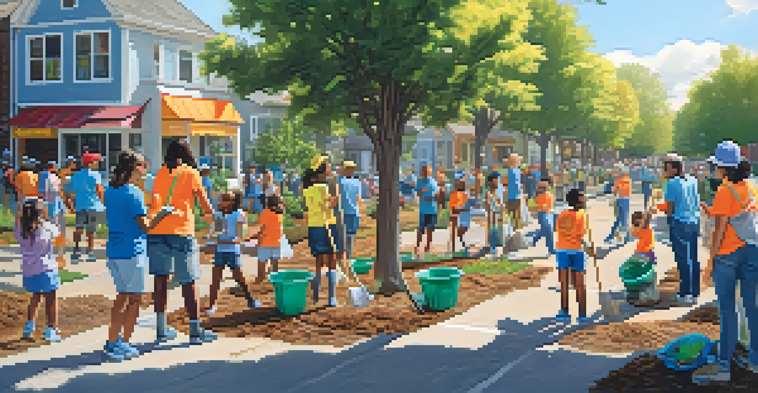 Community members participating in a clean-up event, planting trees and picking up trash in a sunny neighborhood.