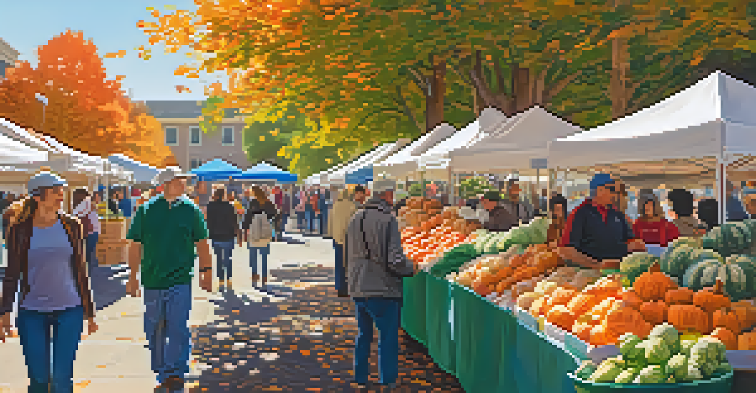 A vibrant farmers market with people buying fresh autumn produce and interacting with local vendors.