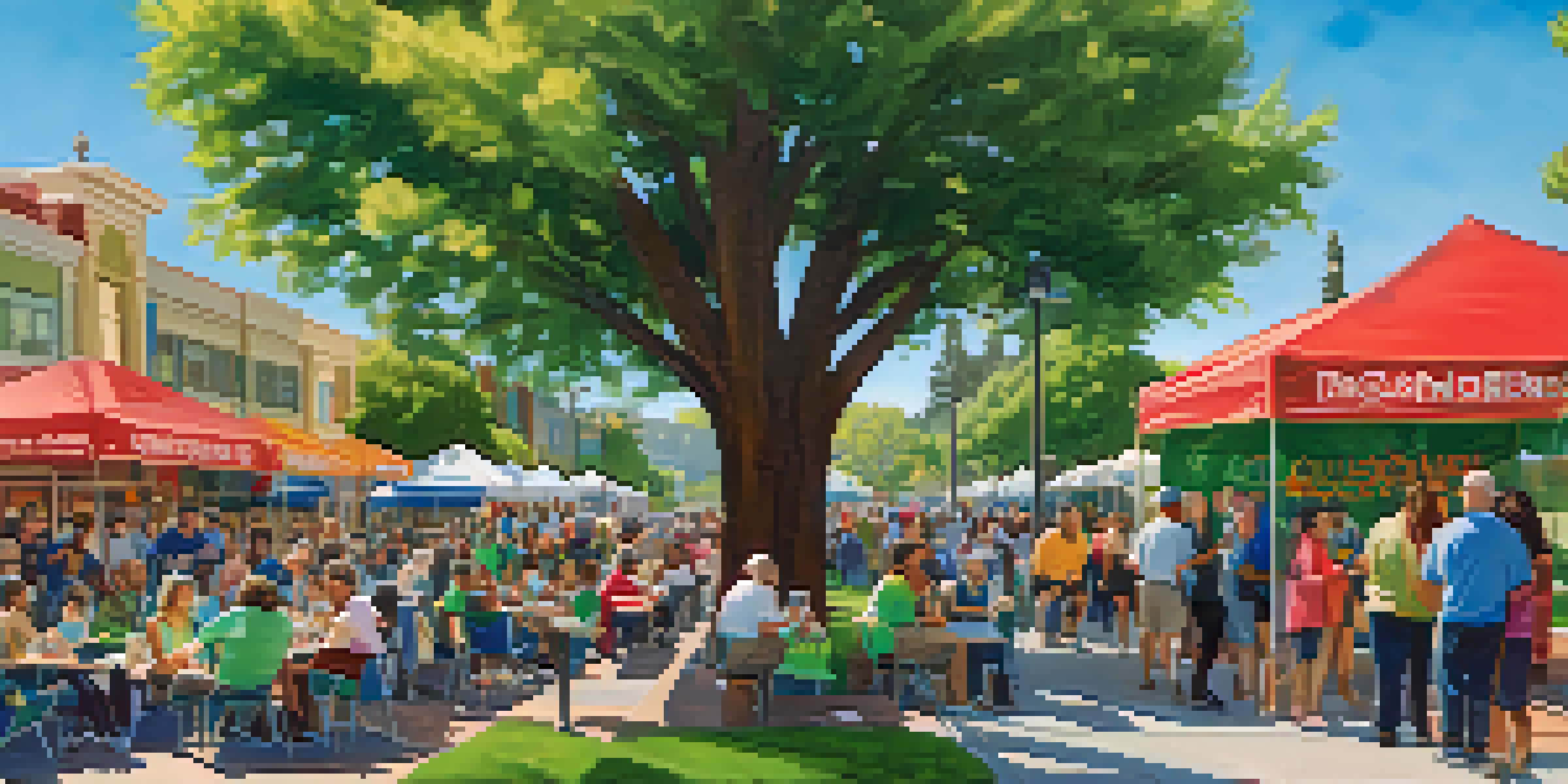 A lively community event with diverse residents interacting, colorful banners, and green parks in the background.