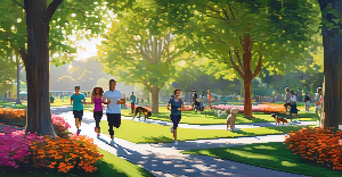 A peaceful park in Redwood City with people jogging, doing yoga, and walking dogs amidst green trees and colorful flowers.