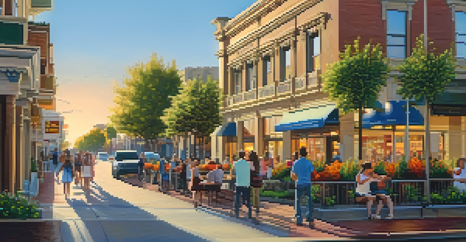 A modern view of Redwood City featuring historical and contemporary buildings, with people enjoying the vibrant street life.