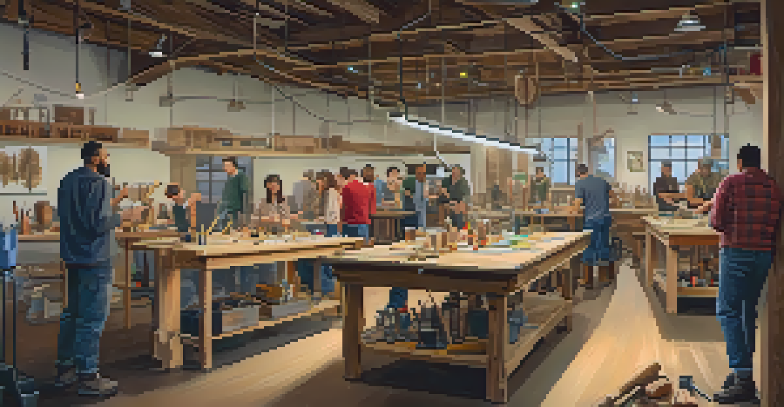 A lively DIY workshop with diverse participants actively engaged in a project, surrounded by tools and materials, under bright lighting.