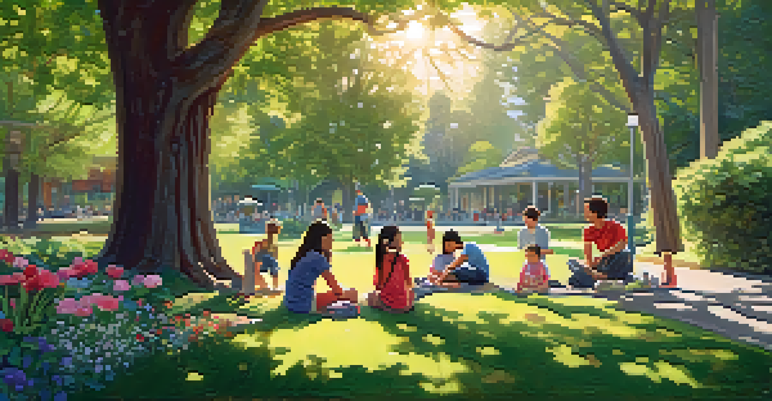 A peaceful park in Redwood City, filled with families and children playing amidst greenery and blooming flowers.