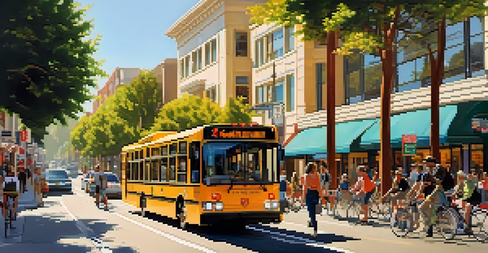 A busy street in Redwood City showing cyclists, pedestrians, and public transit buses under warm sunlight.