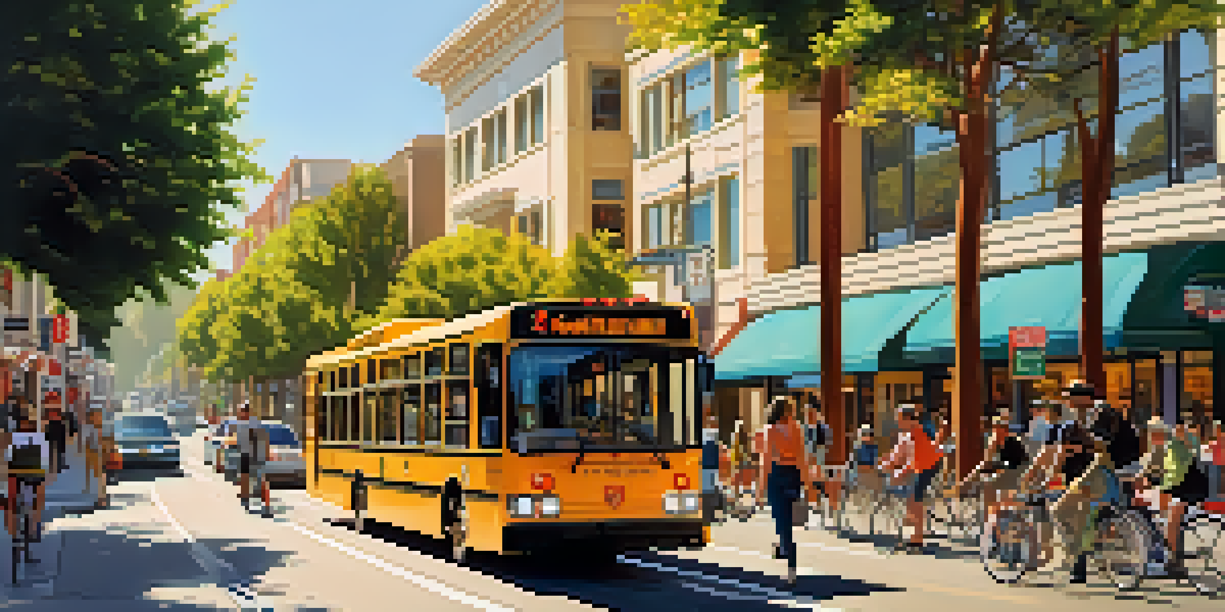A busy street in Redwood City showing cyclists, pedestrians, and public transit buses under warm sunlight.