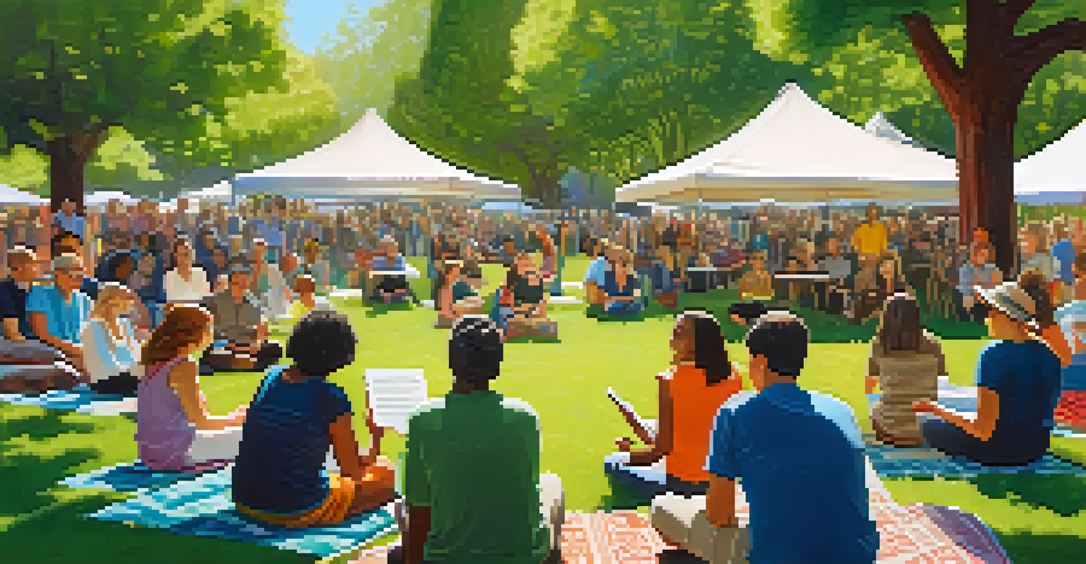 A lively outdoor poetry reading event in a park, featuring diverse authors and engaged attendees surrounded by greenery.