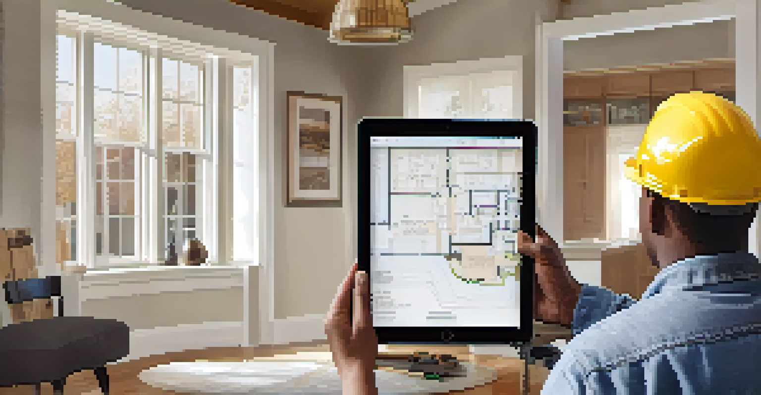 A contractor and homeowner reviewing architectural designs on a tablet in a partially renovated room.