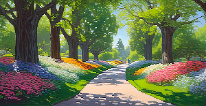 A beautiful spring scene in Redwood City with blooming flowers and green trees, sunlight casting shadows on a park path.