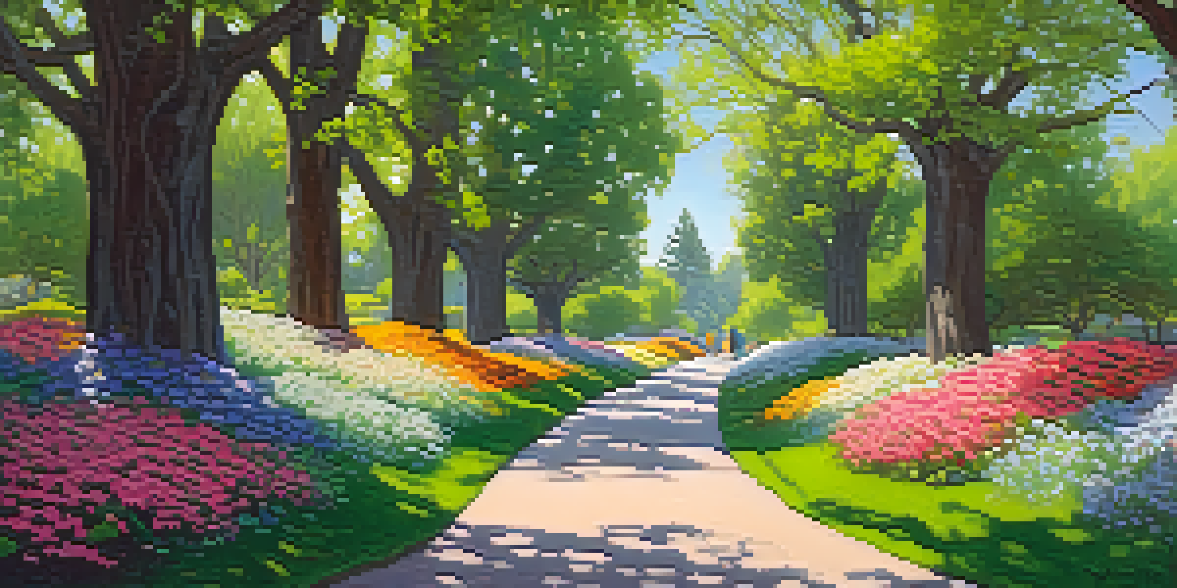 A beautiful spring scene in Redwood City with blooming flowers and green trees, sunlight casting shadows on a park path.