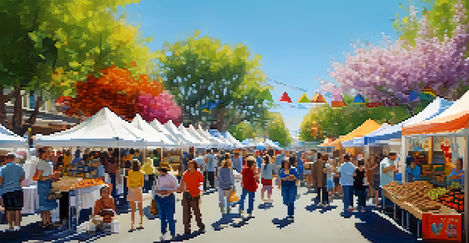 A lively festival scene with colorful artisan booths and families enjoying the Redwood City Spring Festival under a clear blue sky.
