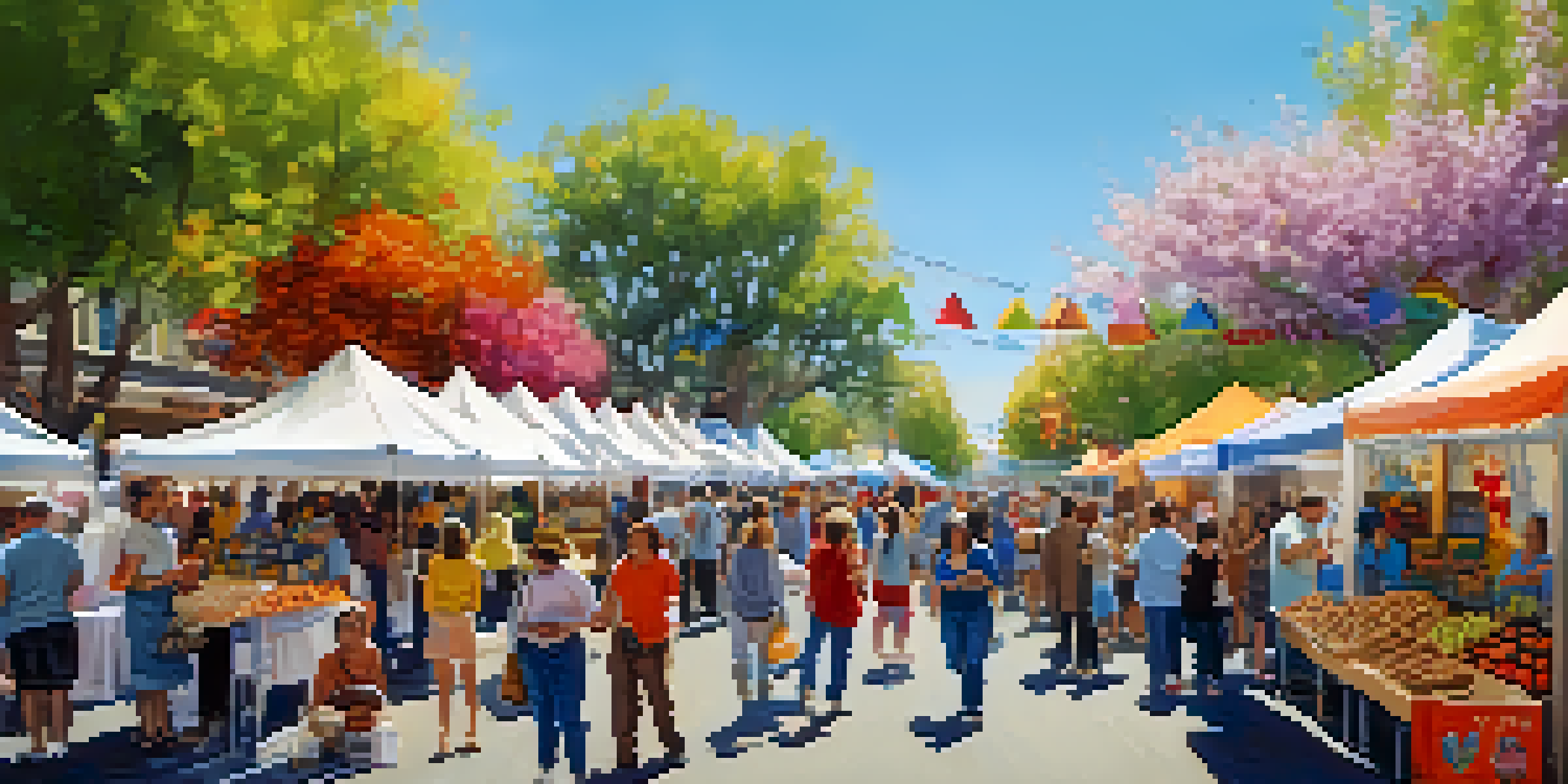 A lively festival scene with colorful artisan booths and families enjoying the Redwood City Spring Festival under a clear blue sky.